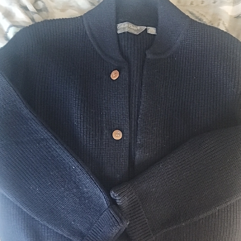 Vintage Heavyweight 100% wool Calvin Klein Men's Dark Blue Cardigan